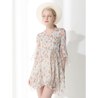 CZG260MS优雅植物花卉图案抽带连衣裙