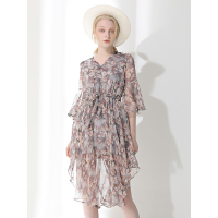 CZG261HS优雅植物花卉印花荷叶边袖腰带款连衣裙