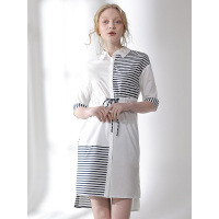 CZN030BS时尚撞色款腰间抽带设计纯棉衬衫裙