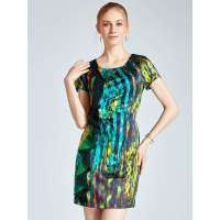 TYJ331LV圆领印花中长款真丝连衣裙