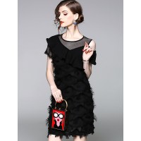 希娅2017新款漏肩羽毛直筒短裙小个子显瘦裙子雪纺气质30岁连衣裙女夏7L07813