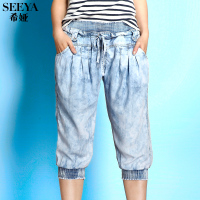 希娅希娅牛仔七分裤夏季薄款磨白色牛仔裤松紧腰宽松哈伦裤K12408