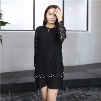 长袖纯色蕾丝连衣裙圆领韩版百搭甜美时尚优雅2017年春季