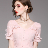 樱花粉色连衣裙女夏2018新款慵懒气质名媛小香风v领裙子中长款仙 粉色 M/160