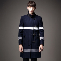 迪尔马奇冬季个性搭扣条纹拼接夹棉立领羊毛呢大衣男M15549藏青色
