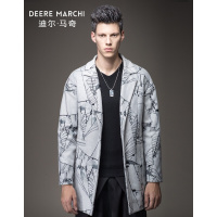 迪尔马奇冬装新款男士毛呢大衣时尚水墨印花长外套潮M15581灰色
