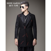 迪尔马奇冬装新款男士毛呢大衣时尚拼接中长款外套潮M15585黑色