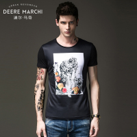 迪尔马奇夏新3D印花修身圆领拼接微弹男士短袖T恤上衣M01613