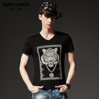 迪尔马奇夏老虎头亮钻拼图修身V领男士短袖T恤半袖上衣M01512