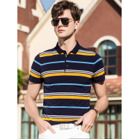 卡帝乐鳄鱼(CARTELO)T恤男翻领条纹2018夏季中年男士短袖体恤衫BAD38072