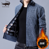 卡帝乐鳄鱼冬季加绒开衫毛衣中年休闲纯色立领保暖针织衫外套