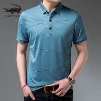 卡帝乐鳄鱼(CARTELO)夏装短袖t恤男桑蚕丝格子翻领男士条纹半袖体桖衫