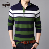 卡帝乐鳄鱼(CARTELO)秋季新款中年男士长袖T恤条纹翻领男装宽松上衣Polo衫