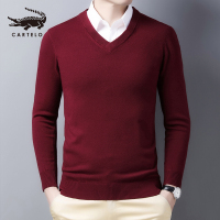 卡帝乐鳄鱼(CARTELO)V领中年毛衣男秋冬纯色打底毛衣新款鸡心领宽松针织衫