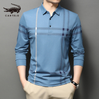 卡帝乐鳄鱼(CARTELO)男士长袖t恤翻领条纹春秋季中年男装宽松秋衣polo
