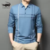 卡帝乐鳄鱼(CARTELO)男士长袖t恤翻领条纹春秋季中年男装宽松秋衣polo
