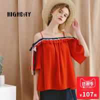 highday轩日17夏一字领吊带木耳边五分袖露肩宽松衬衣女