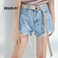 highday轩日17夏裤大码宽松磨破高腰牛仔阔腿短裤