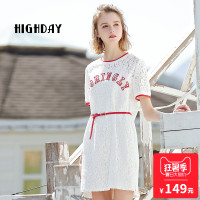 highday轩日18夏季休闲蕾丝直筒女裙简约圆领字母气质连衣裙