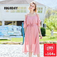 highday轩日18夏季休闲露肩性感女裙收腰束腰中长款连衣裙仙女裙