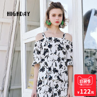highday轩日18夏季性感一字肩上衣露肩宽松五分袖印花衬衣女士