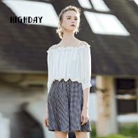 highday轩日一字肩拼接短袖连衣裙