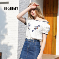 highday轩日一字领欧美风上衣简约时尚木耳边刺绣短袖衬衣女夏