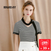 highday轩日上衣条纹V领刺绣短袖T恤