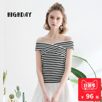 highday轩日上衣条纹性感一字肩V领短袖T恤女
