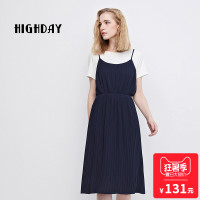 highday轩日夏季百褶中长裙休闲时尚吊带连衣裙