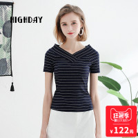 highday轩日夏时尚休闲上衣修身条纹V领修身短袖T恤女