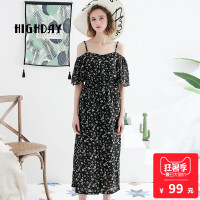 highday轩日夏气质女裤荷叶边碎花吊带九分连衣阔腿裤