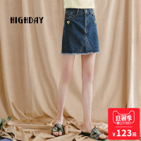 highday轩日女裙休闲毛边a字牛仔短裙绣花半身裙