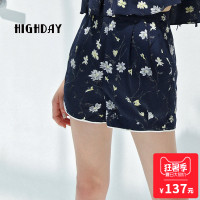 highday轩日女裤印花直筒高腰松紧短裤女