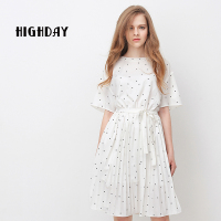 highday轩日度假风波点短袖收腰连衣裙百褶裙