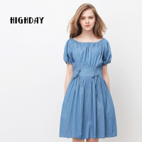 highday轩日牛仔短袖百褶连衣裙收腰中长款女
