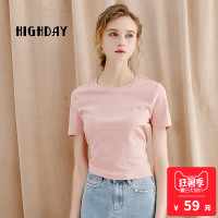 highday轩日纯色修身甜美圆领蝴蝶结短袖T恤女