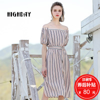 highday轩日休闲女裙条纹一字肩清凉气质中长款连衣裙