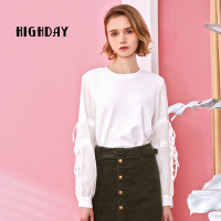 highday轩日春季新品清新上衣可爱绑带休闲时尚圆领女士简约T恤