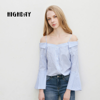 highday轩日春秋款休闲条纹衬衫女一字肩衬衣气质喇叭袖chic上衣