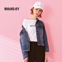 highday轩日简洁大方上衣休闲时尚帅气毛边牛仔外套短款女士