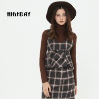 highday轩日经典格纹复古无袖上衣气质时尚v领短款吊带
