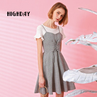 highday轩日春季新品大摆女裙复古束腰复古格纹带连衣裙中长款