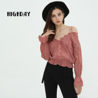 highday轩日一字肩带镂空深V领衬衣