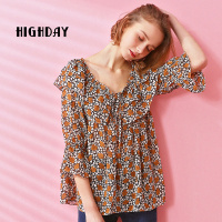 highday轩春季新品时尚休闲一字领衬衣气质碎花荷叶边上衣女