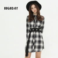 highday轩日春秋黑白格衬衫中长款衬衣