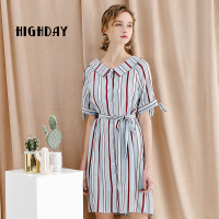 highday轩日春秋款时尚衬衫裙简约女裙蝴蝶结收腰短袖条纹连衣裙