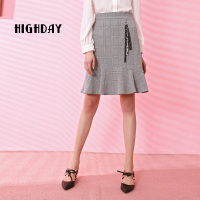 highday轩日春秋高腰复古中长裙时尚格纹a字半身裙小鱼尾女裙