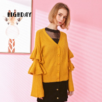 highday轩日春款亮色系时尚宽松针织开衫V领双层荷叶袖针织外套女