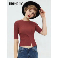 highday轩日17秋季新品上衣开叉露脐性感圆领针织毛衫